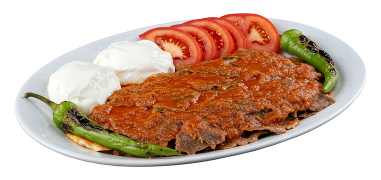 PNG Turkish D&ouml;ner Iskender Kebab - Tender thin rich slices of d&ouml;ner meat smothered in rich tomato sauce, served over mini cube shaped sliced pide bread pieces and dollop of yoghurt