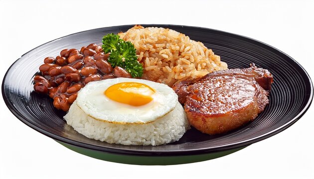 prato com tutu de feijao acompanhado de arroz branco ovo frito bisteca de porco grelhada e couve refogada com alho isolado em fundo transparente delicioso virado a paulista