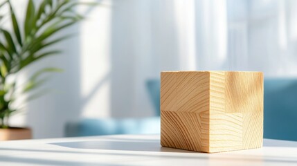 Wooden cube on a light background, minimalism