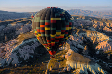 Fototapeta premium A vibrant hot air balloon soaring gracefully over the unique landscape of Cappadocia, Turkey, with its iconic fairy chimneys and expansive rocky terrain below