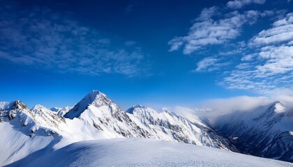 snow covered mountains under a blue sky