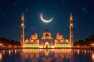A grand mosque illuminated with golden lights, the crescent moon shining brightly above, lanterns glowing in the foreground. Eid-ul-Fitr, ramadan Celebration Concept