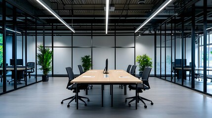 Modern Office Interior With Meeting Table And Black Chairs Under Bright Linear Lights