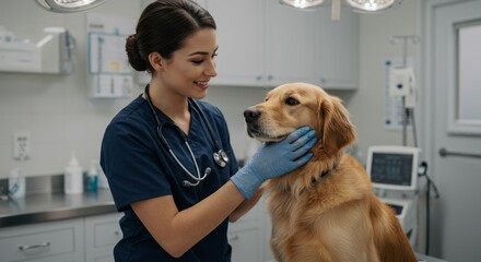 Veterinarian examining golden retriever dog in clinic

