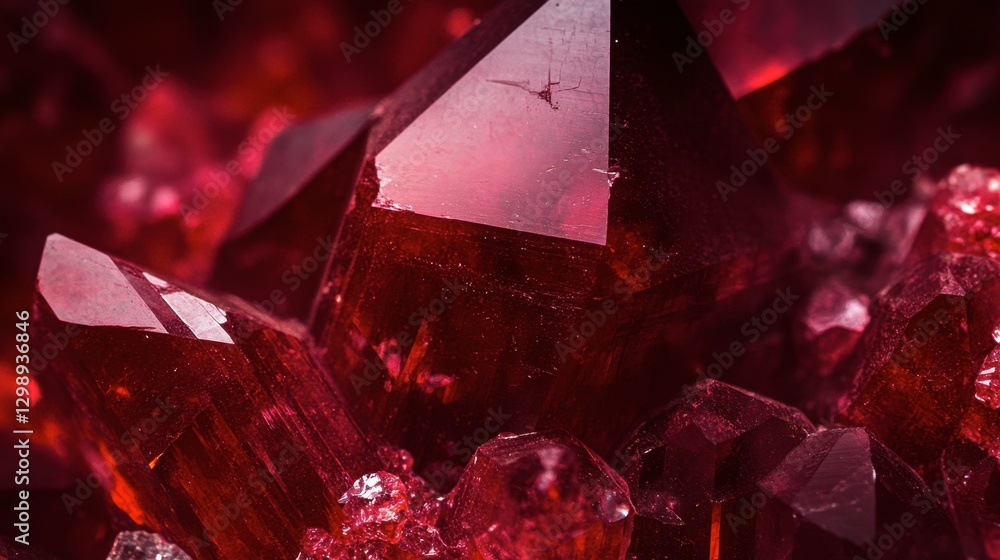 Poster sparkling red crystals in close-up view with reflective surface