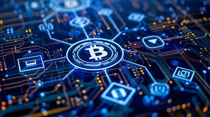 Blockchain Inspired Blue Digital Ledger and Futuristic Crypto Themed Network Connections