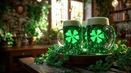 Green beer celebration craft St. Patrick's day concept. Two mugs of green beer with a shamrock design, surrounded by lush greenery, creating a festive and vibrant atmosphere.