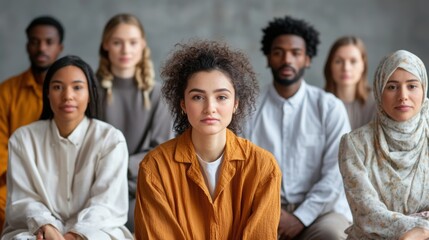Obraz premium A group of people of different nationalities in a meeting room, the center of the photo is empty. 