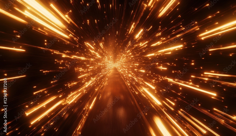 Poster dynamic energy burst moving through space with radiant light trails and bright sparks on a dark back