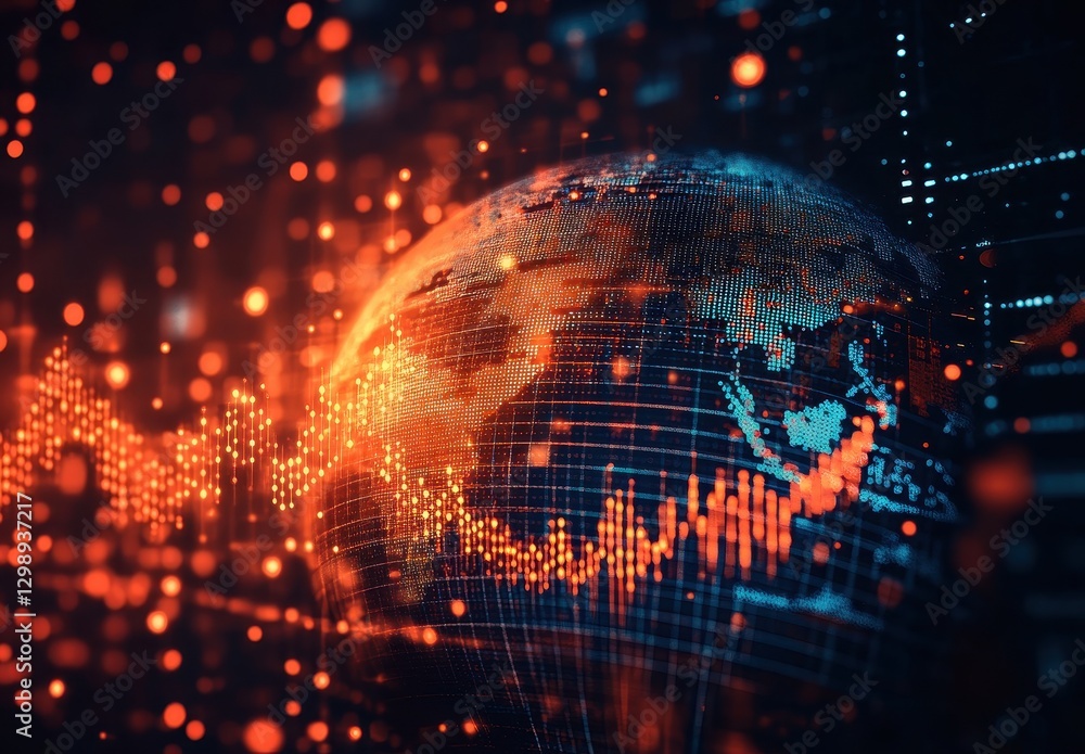 Poster dynamic data visualization of global economics with digital earth and financial graphs in vibrant or