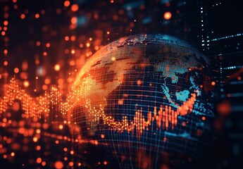Dynamic Data Visualization of Global Economics with Digital Earth and Financial Graphs in Vibrant Orange and Blue Tones