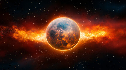 captivating space exploration illustration featuring glowing planet surrounded by fiery cosmic elements, showcasing beauty of universe