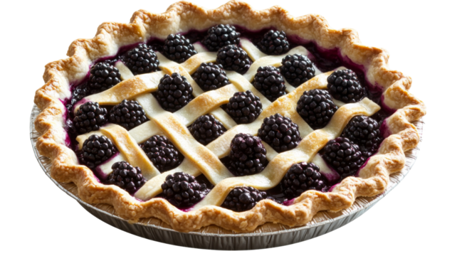 Delicious blackberry pie with golden crust and lattice top on transparent background