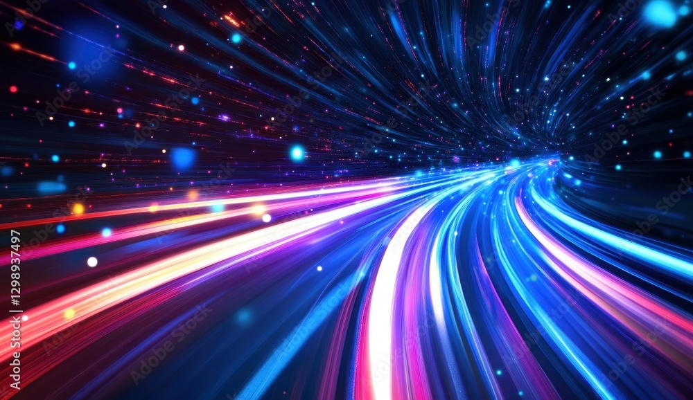 Poster dynamic flow of bright light trails in a cosmic spiral with vibrant colors and abstract patterns for