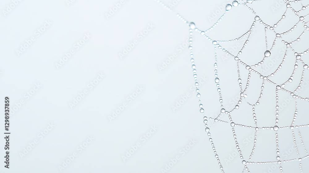 Poster close-up of a delicate spiderweb covered in glistening dew drops, creating a mesmerizing pattern of 