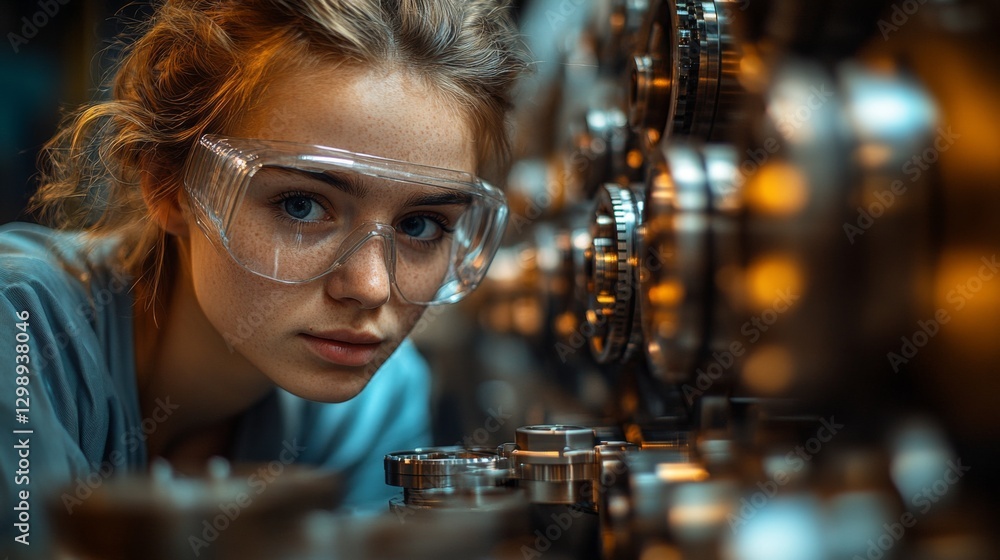 Aufkleber a young woman wearing safety goggles is closely examining intricate machinery in a modern industrial