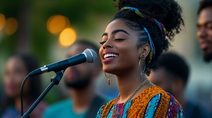 Woman singing joyfully at outdoor concert