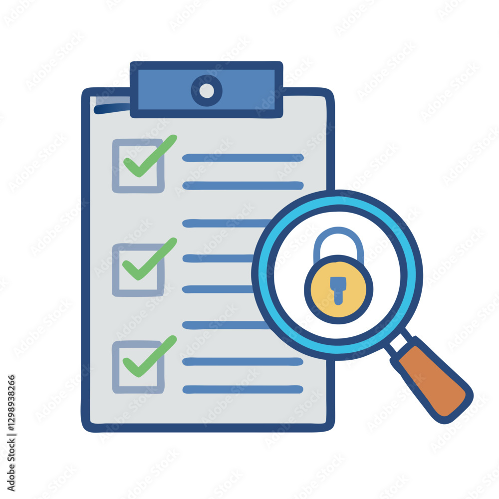 Poster checklist with green checkmarks and magnifying glass focusing on a padlock symbol for security revie