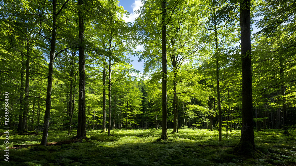 Poster lush green forest illuminated by bright sunlight through tall trees creating natural light and shado