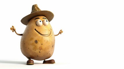 A cheerful cartoon potato character wearing a hat, standing with arms outstretched against a plain background