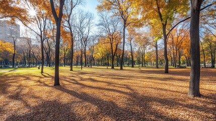 Naklejka premium Walking Through Autumn Park with Golden Leaves and Sunlight Streaming