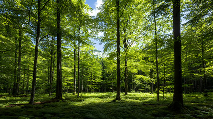 Obraz premium Lush Green Forest Illuminated By Bright Sunlight Through Tall Trees Creating Natural Light and Shadow Patterns