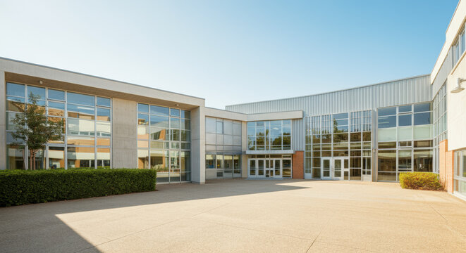 Modern high school building features sleek design and inviting courtyard with large glass windows in a bright environment