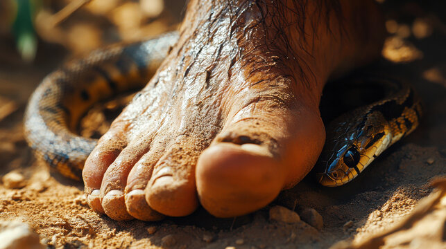 Bare foot of man crushing snake's head, close-up of snake, high quality. desert dry land.