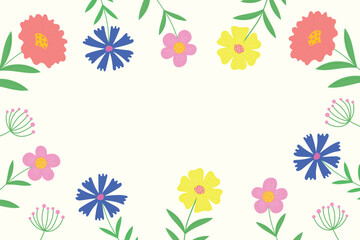 Floral wallpaper. Banner with colors. Pink, blue, yellow flowers on white background. Vector illustration with copy space.