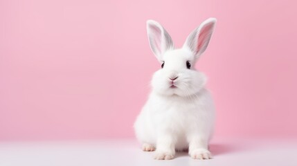 Obraz premium cute animal pet rabbit or bunny white color smiling and laughing isolated with copy space for easter background, rabbit, animal, pet, cute, fur, ear, mammal, background, celebration, generate by AI