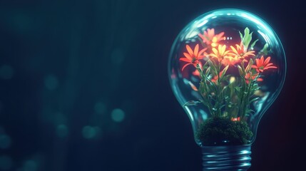 A glowing light bulb with small plants growing inside, representing innovation, sustainability, and the growth of positive mindsets.