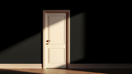 White Door And Golden Frame With Sunlight And Shadow On Dark Wall With Brown Floor