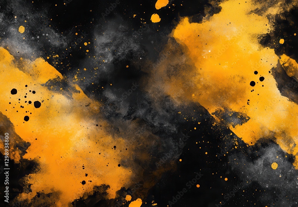 Poster dynamic yellow and black abstract art with splashes and textures for creative backgrounds and design