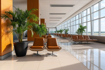 Fototapeta premium Modern and spacious airport departure lounge with plants and comfortable seating offering a relaxing atmosphere for travelers