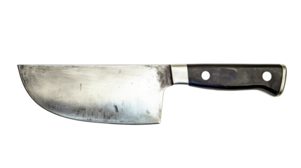 Large used chef knife with black handle on transparent background