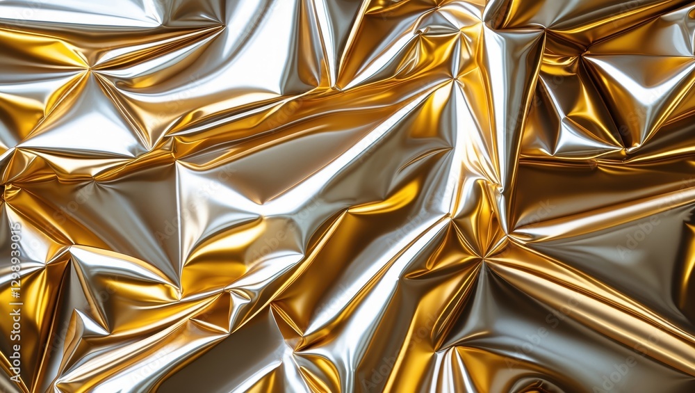 Poster shimmering metallic surface with crumpled gold and silver foil creating dynamic textures and reflect