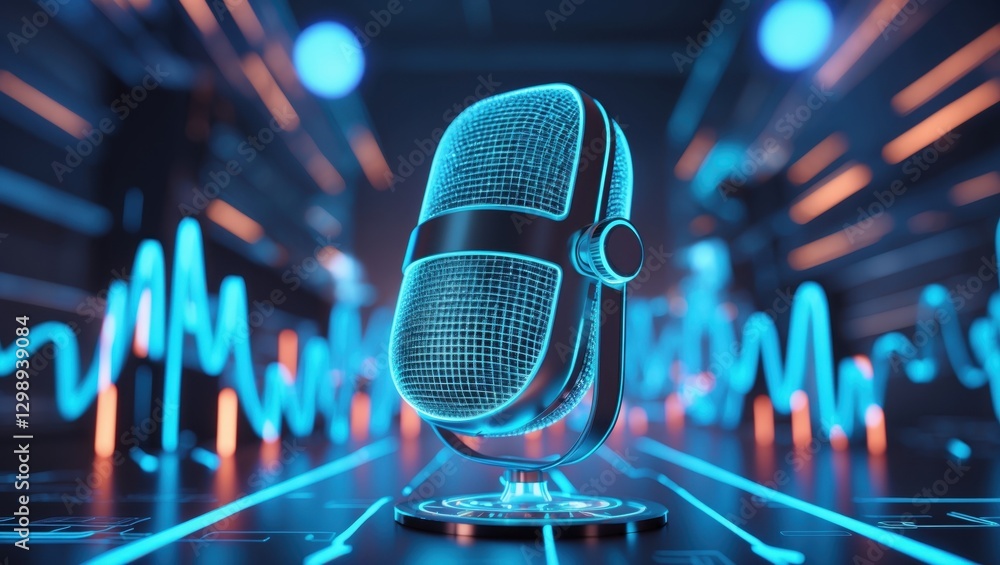 Poster digital microphone with glowing elements against a futuristic background featuring sound waves