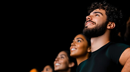Obraz premium Emotional and candid photograph of diverse crowd looking up, expressing joy and wonder. scene captures moment of connection and shared experience