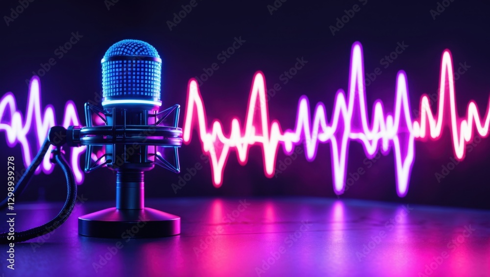 Poster dynamic microphone with colorful sound wave visualization in a dark setting, symbolizing music and a