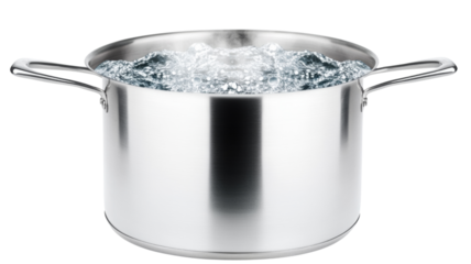 Large stainless steel pot boiling water with steam on transparent background