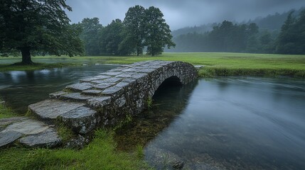 Stone bridge over calm river in misty green landscape after rain.