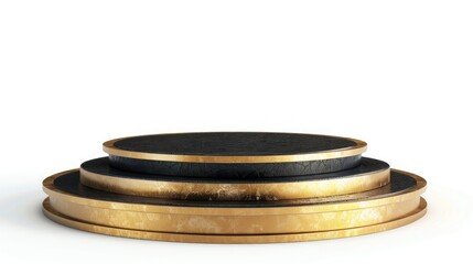 Elegant multi-tiered podium with golden accents and textured black surfaces, ideal for showcasing products or awards
