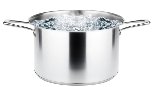 Large stainless steel pot boiling water with steam on transparent background