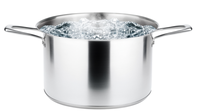 Large stainless steel pot boiling water with steam on transparent background
