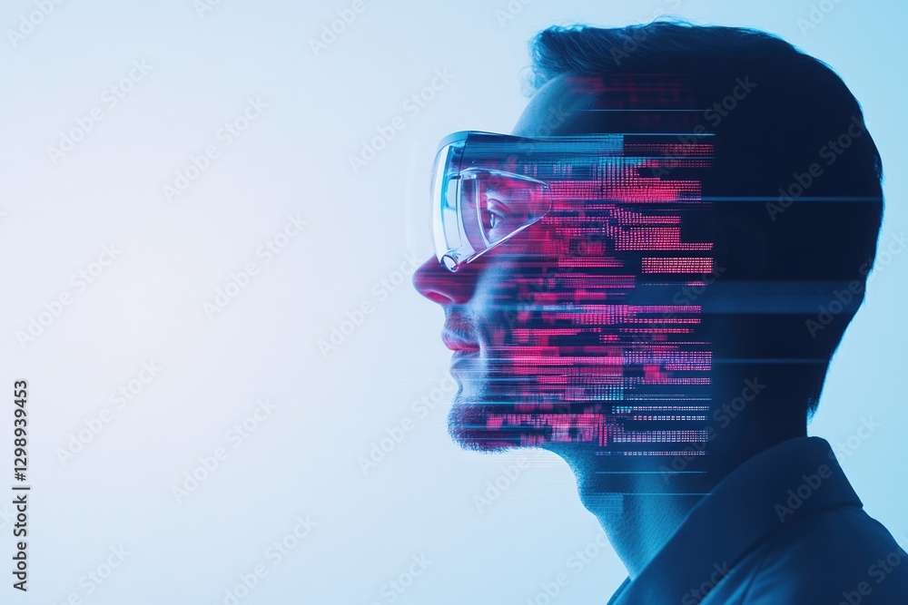 Poster portrait of scientist wearing ar glasses analyzing floating holographic screen displaying complex da