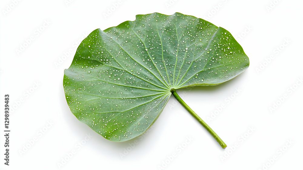 Poster isolated green leaf with white speckles on white background showing delicate vein structure and deta