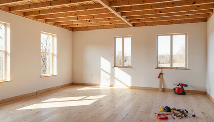 House renovation in progress with sunlight streaming through windows, transformation