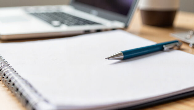 Close-up of blue pen resting on blank notepad, workspace inspiration