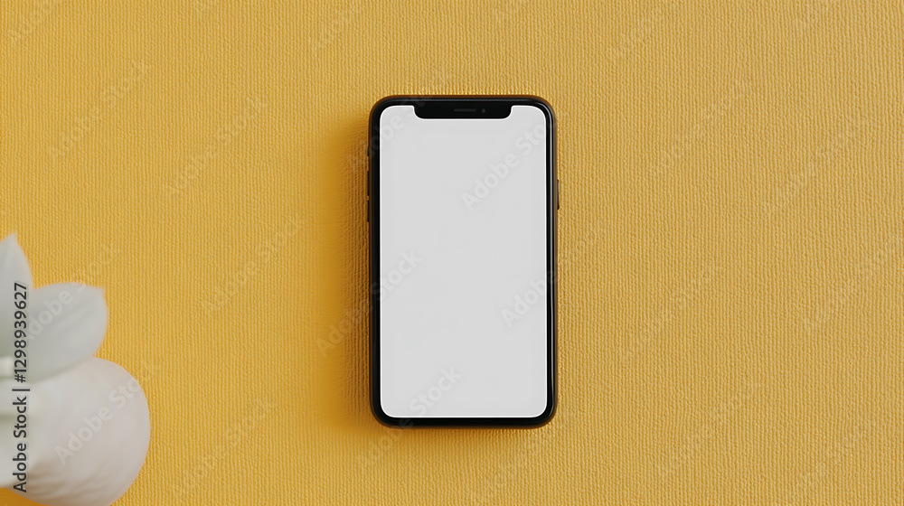 Poster elevated view of smartphone with blank screen on a yellow background alongside a white flower. showc