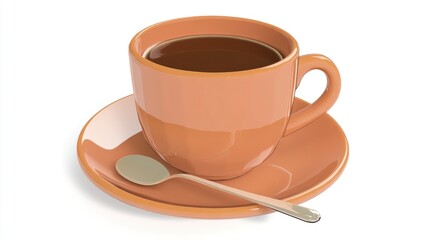 Orange coffee cup and saucer with spoon on white background